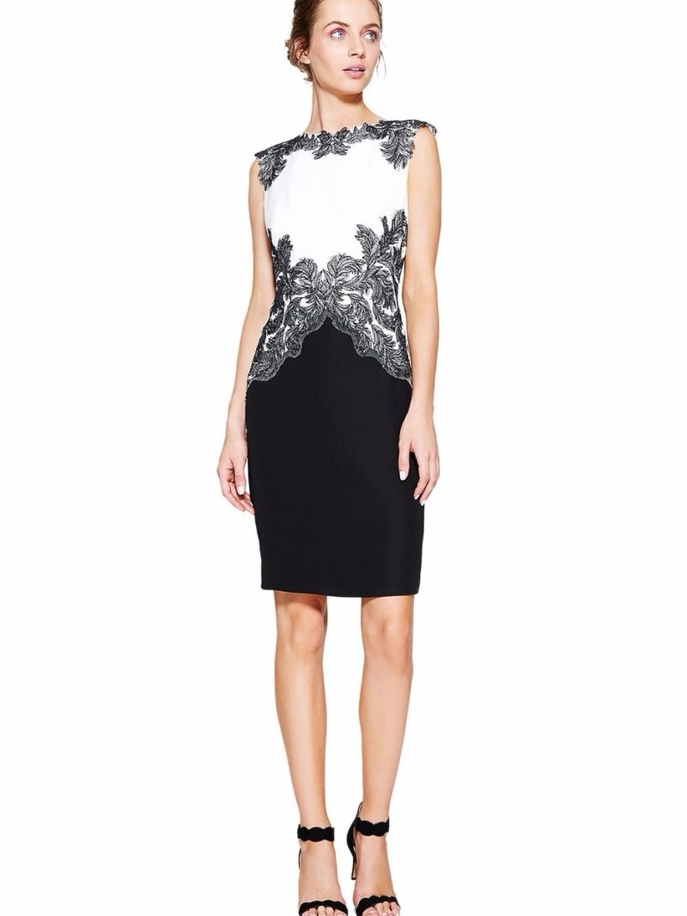 Tadashi Shoji  Sleeveless Midi Sheath Dress with Lace Appliqué
